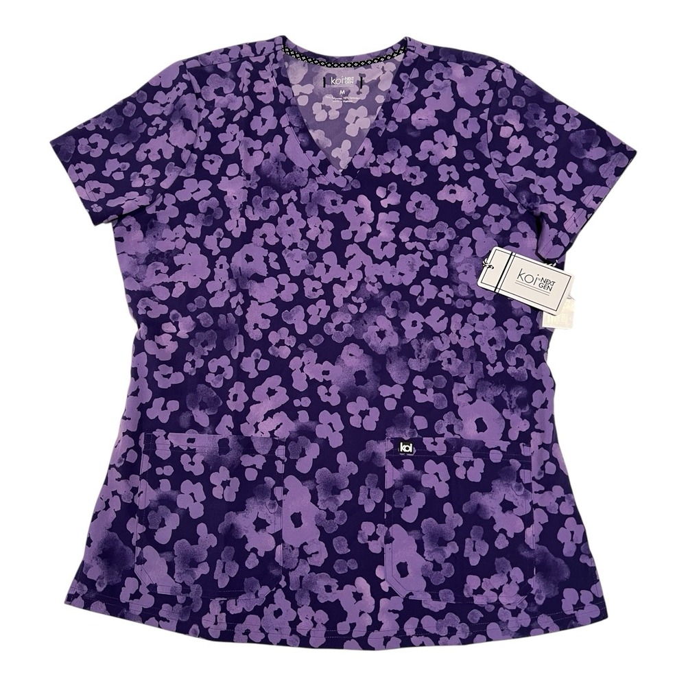 koi Purple Floral Print V-Neck Scrub Top